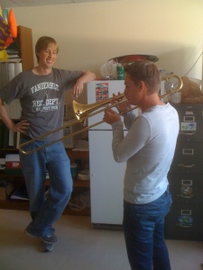 Adam (left) and Cedric (right) on a random friday afternoon in the lab: playing trombone