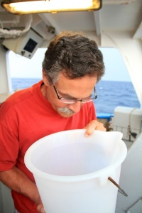 Bob on a recent cruise in the Mediterranean, examining a plankton net tow
